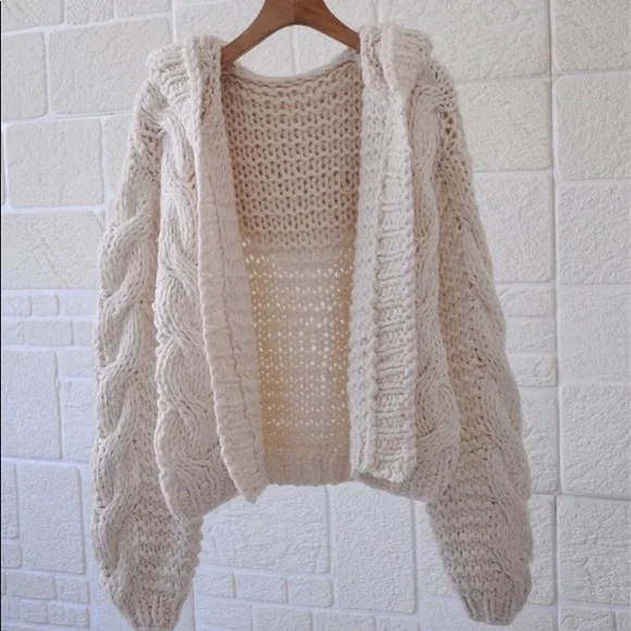 Chunky knit cardigan cream cable knit hoodie sweater womens long sleeve thick - Picture 4 of 15
